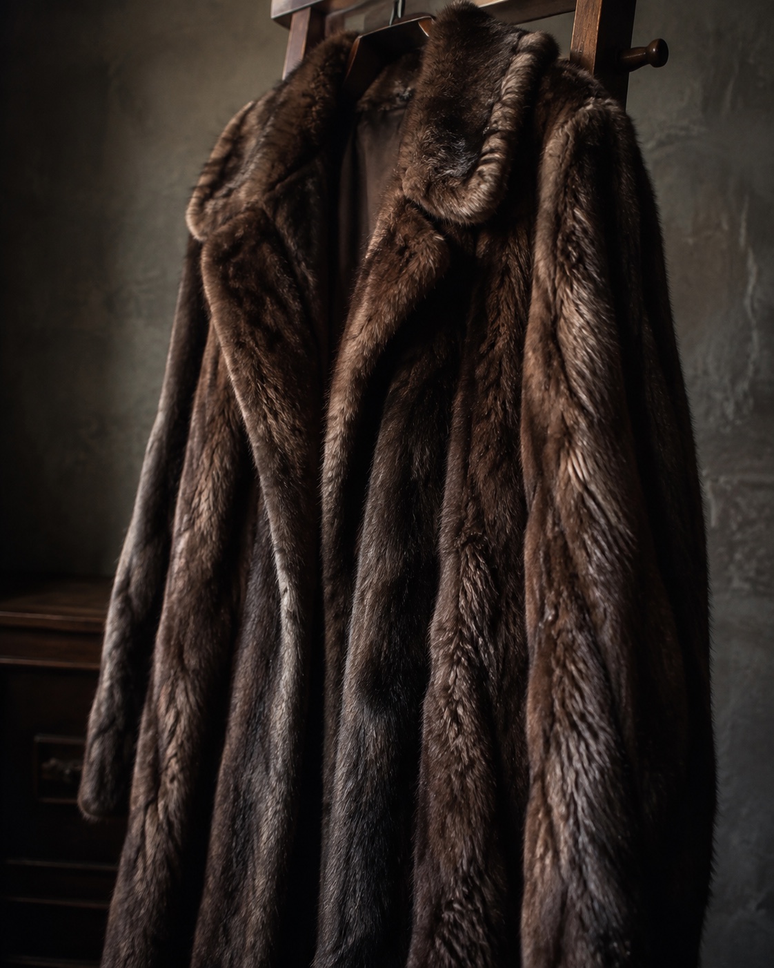 Close view of a dark brown full-length fur coat in a private atelier