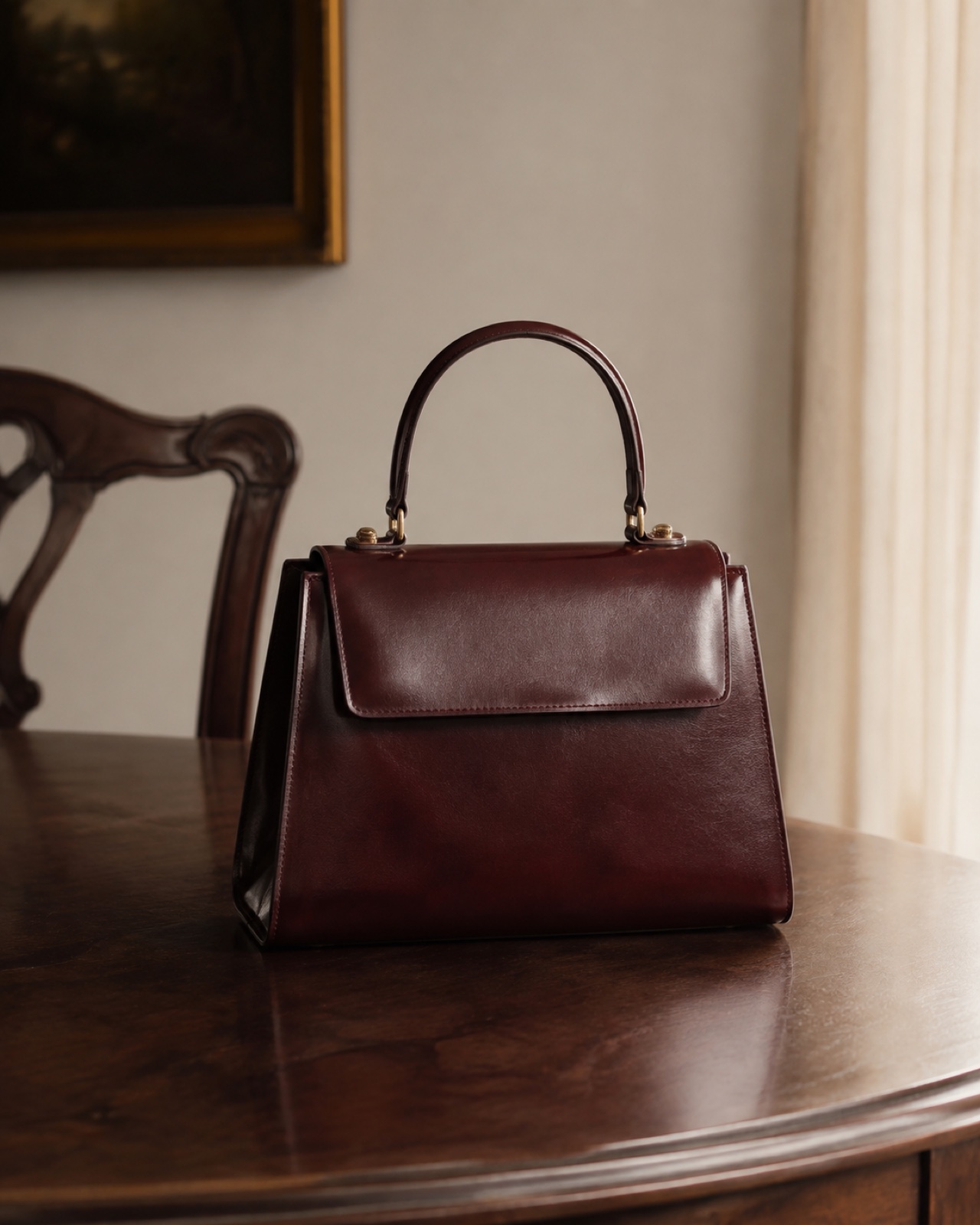 Oxblood leather top-handle handbag on a walnut table