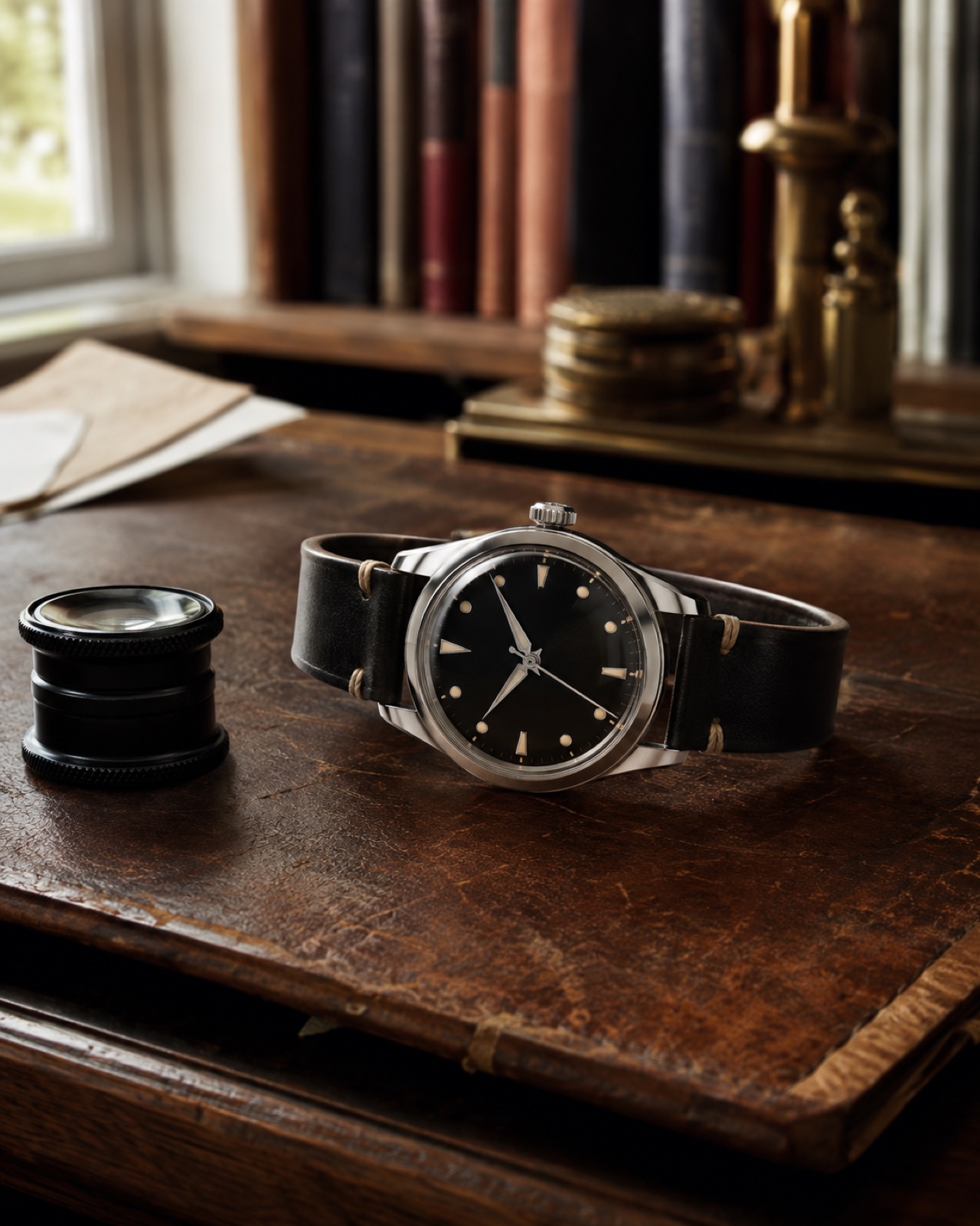 Vintage mechanical wristwatch and loupe on a leather desk