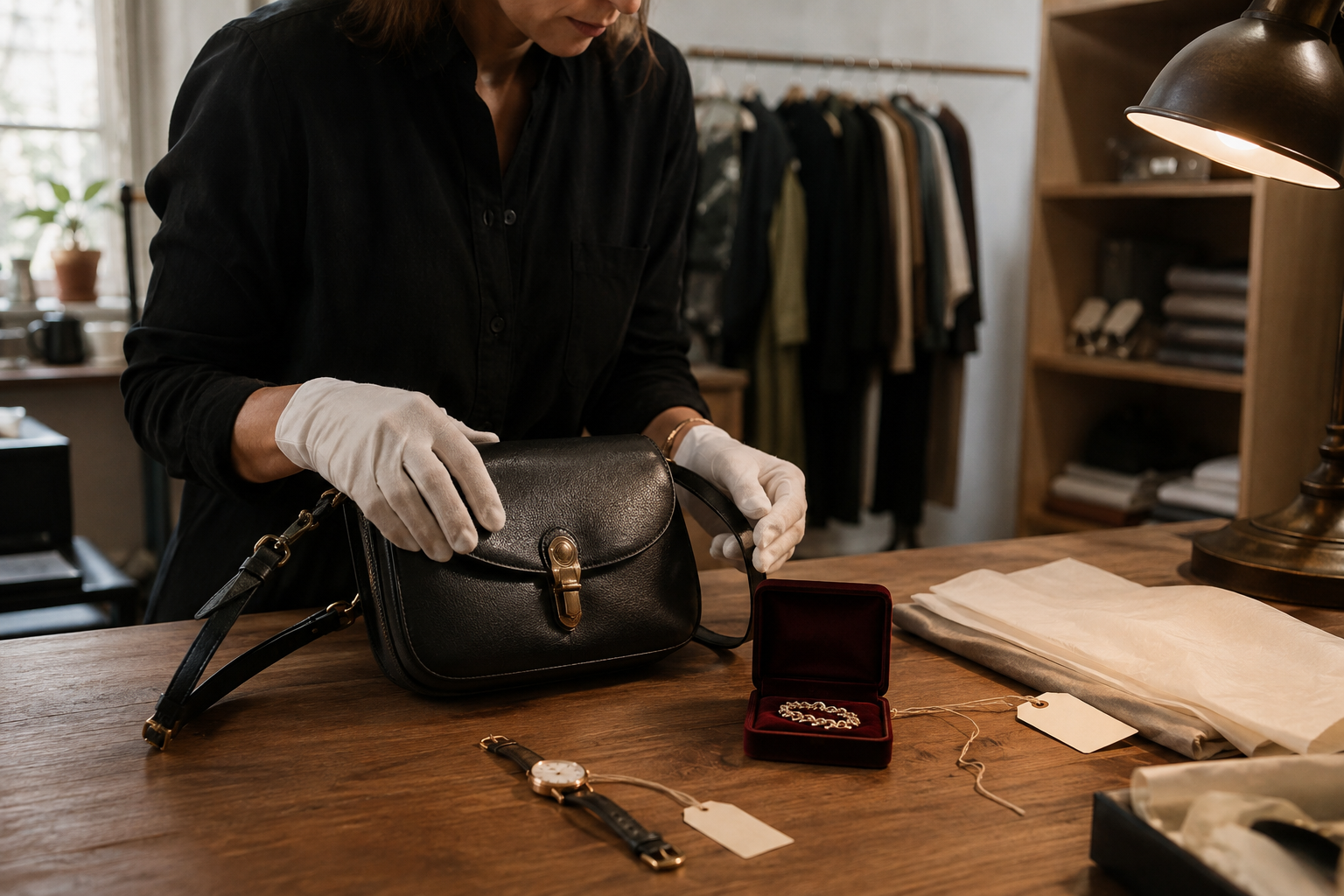 Independent vintage dealer preparing unbranded luxury accessories for authentication